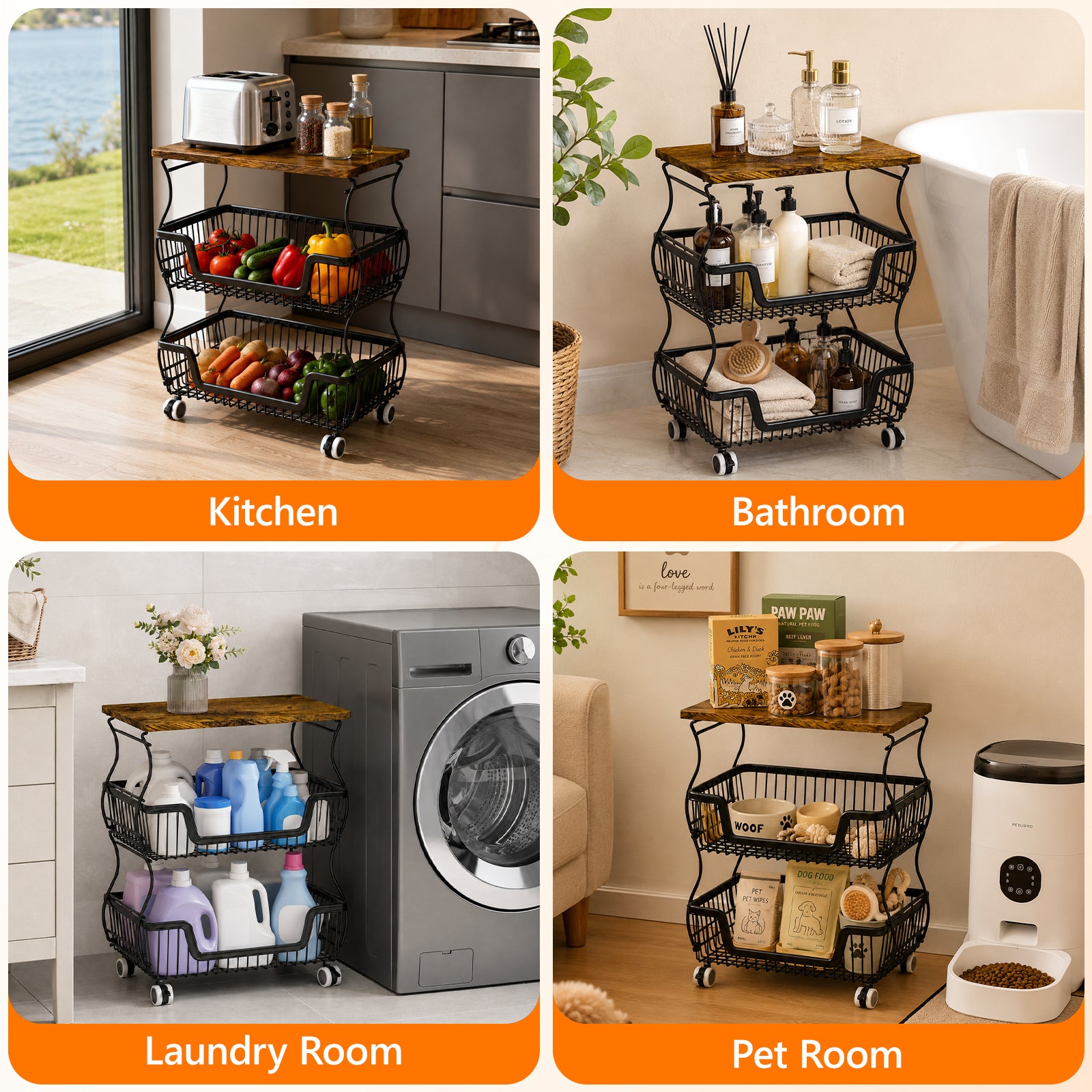 Fruit Basket Vegetable Storage Cart with Wooden Lid for Kitchen, 4-Tier Stackable Wire Fruit Organizer Stand on Wheel, Storage Stand for Vegetables, Snacks, Berverage