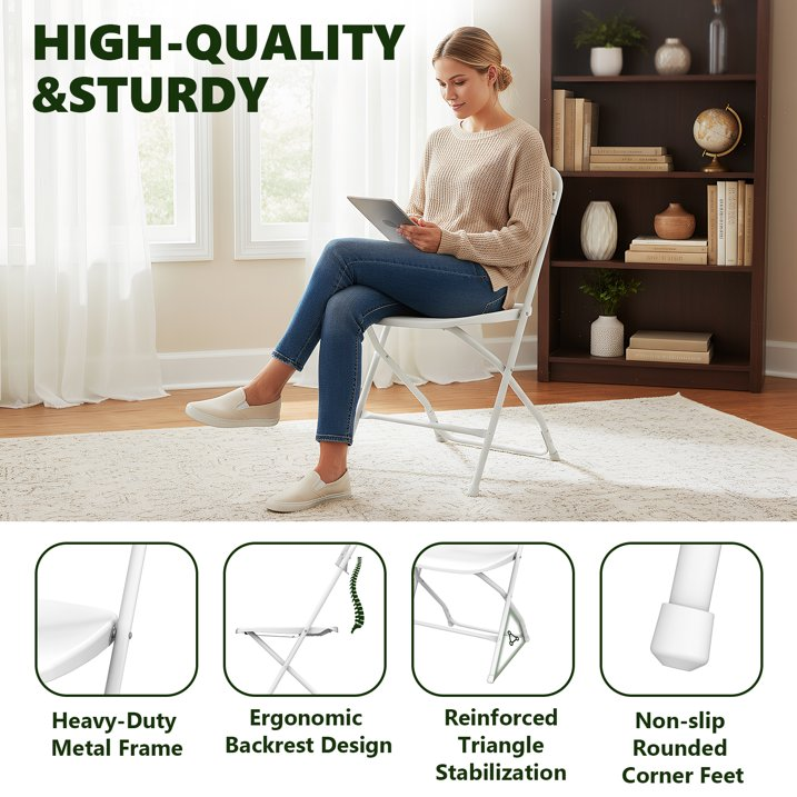 HAILIMU 8 Pcaks White Plastic Folding Chairs, Heavy-Duty Commercial Seats with Steel Frame, 300 lb Capacity for Indoor & Outdoor Events, Office, Wedding, Party & Dining