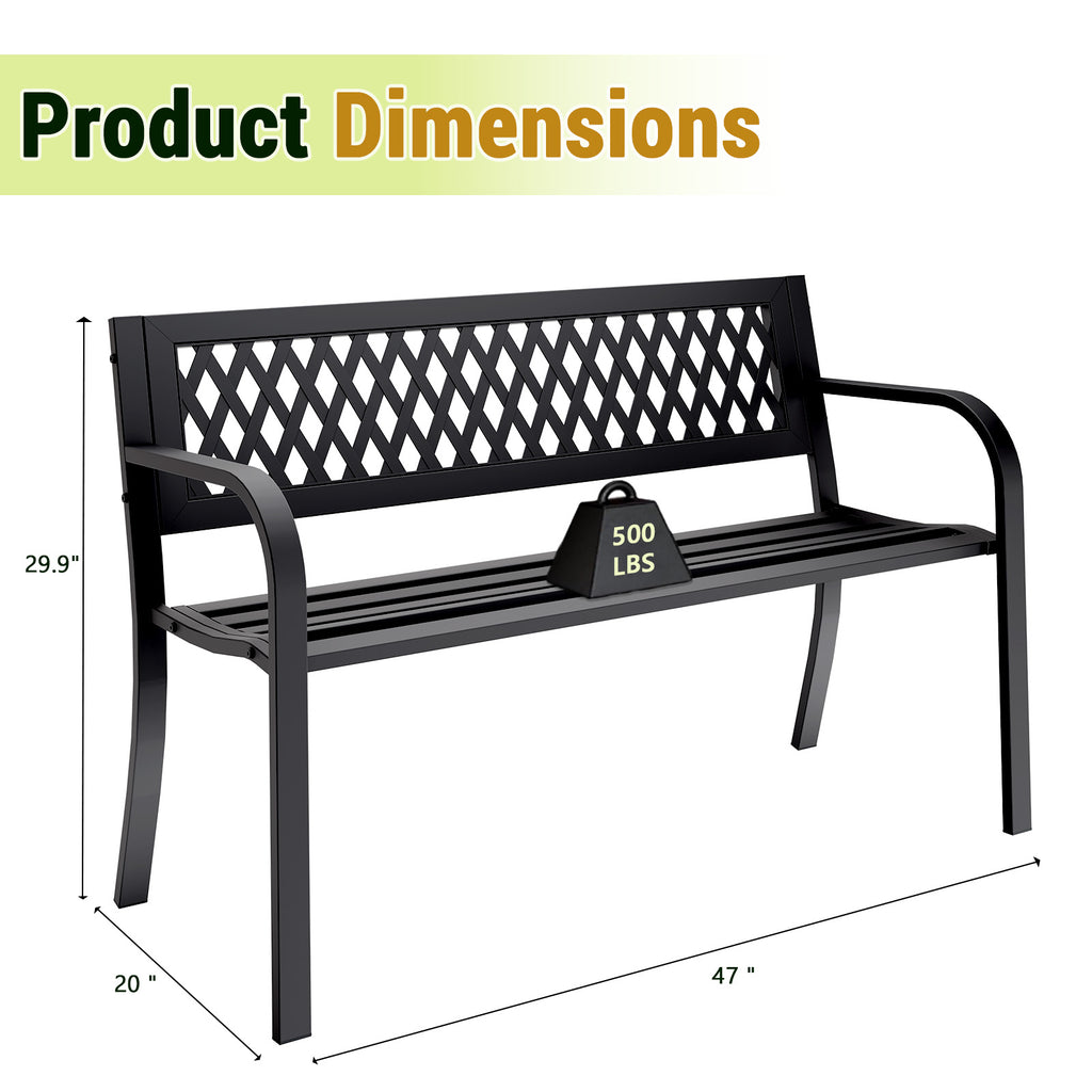 HAIMULI Anti-Rust Metal Bench Garden Bench with Back, All Weather Resistant Porch Benches for Outdoor Cast Iron Steel Frame Chair Waterproof, Black, 500 lbs