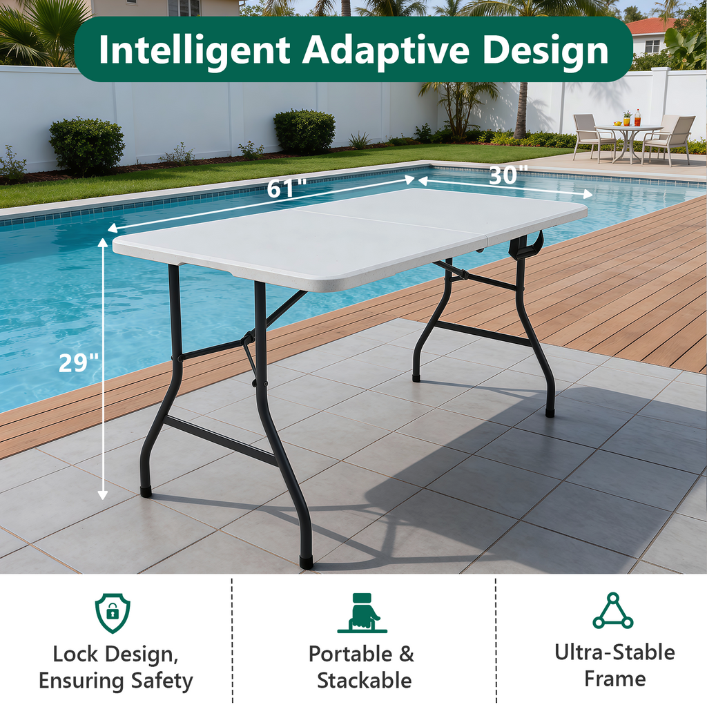 WASUHE 5 Foot Rectangle Folding Table, Fold-in-Half Portable Plastic Picnic Foldable Table with Carry Handle, Indoor Outdoor Use for Camping, Parties, BBQs, Events