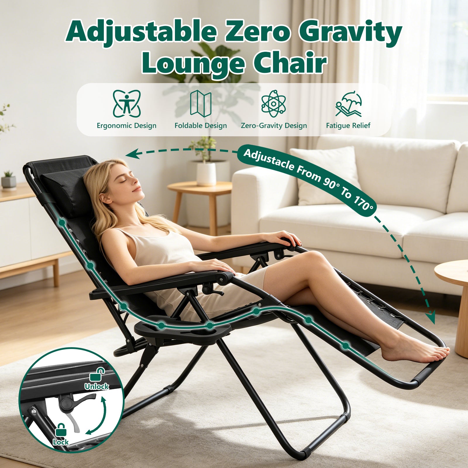 WASUHE Zero Gravity Recliner Chair Set of 2, Foldable Outdoor Lounge Chair with Cup Holder, Adjustable Patio Chair for Beach, Pool, Patio