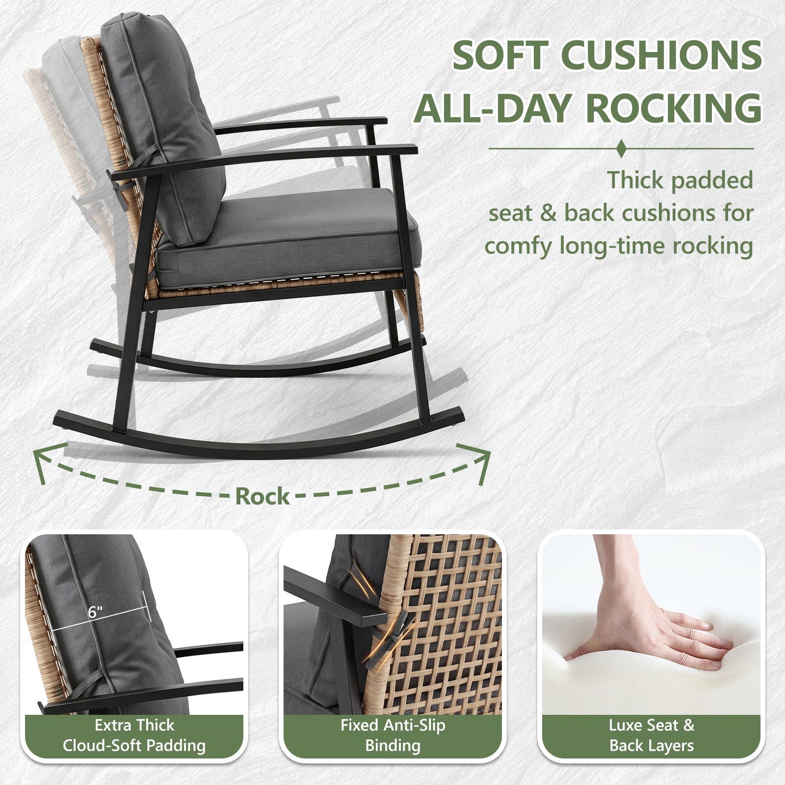 WASUHE 3 PCS Wicker Rocking Chair with Thick Cushions, Ergonomic Back Armrest Rocker Chairs for Porch Backyard Lawn Garden, Beige