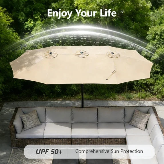 HaiNova 15Ft Large Outdoor Double-Sided Rectangle Umbrella with Base-Mounted, Foldable And Portable Sunshade For Pool, Beaches And Patio, Khaki