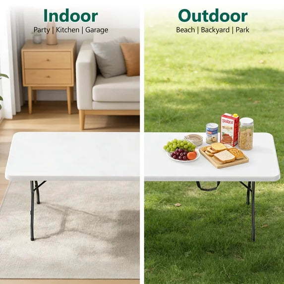 HaiNova 8FT Folding Table, Portable Heavy Duty Camping Table with Carrying Handle, Anti-fouling and Sun-Proof Suitable for Meetings, Parties, Camping and Weddings, White