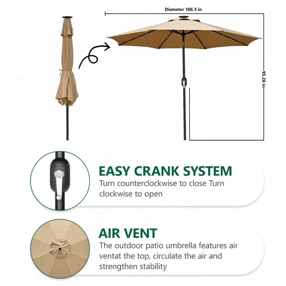 HaiCube 9FT Solar Patio Umbrella with LED Lights, Outdoor Market Umbrella with Solar Panel, 8 Heavy-Duty Ribs, for Patio, Deck, Garden,Khaki