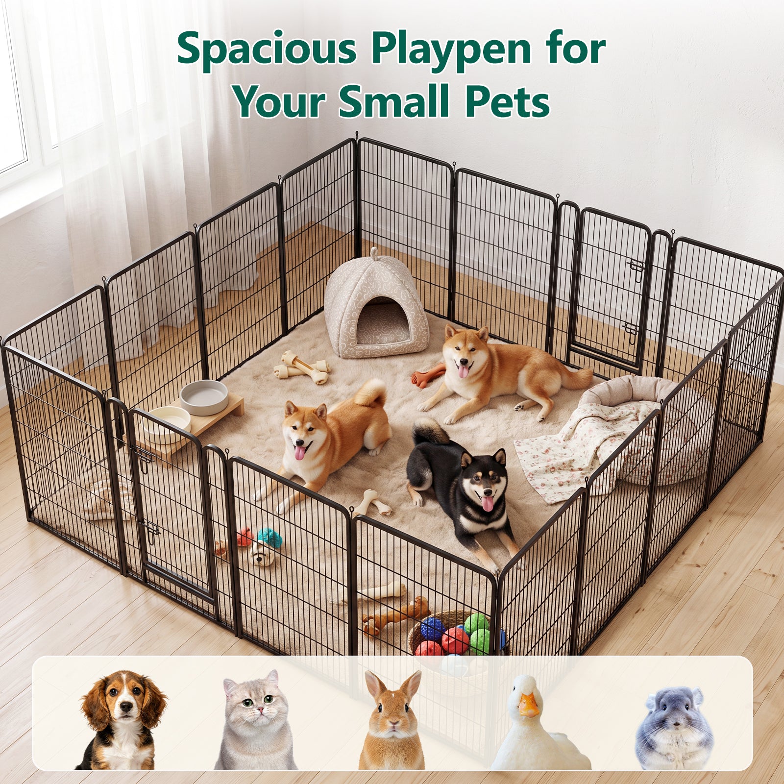 WASUHE Dog Playpen with Door, 24 Inch 8 Panel Foldable Metal Pet Fence, Indoor, Yard, RV Camping, Safe Play Area for Small and Puppy Dogs, Black