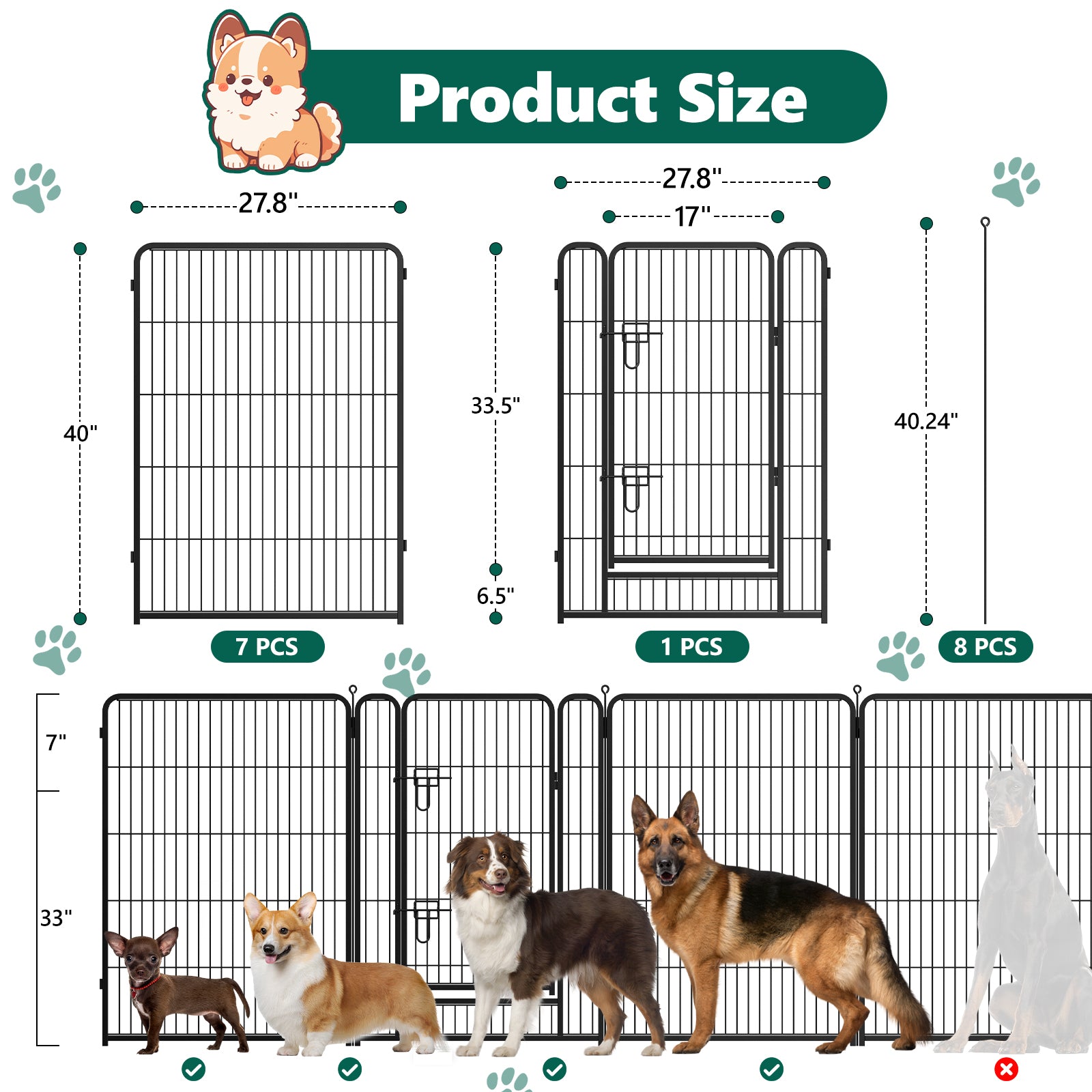 8 Panels Metal Dog Playpen, 40" Height Dog Fence Exercise Pen with Doors for Large Medium Small Dogs Rabbits Cats, Foldable Pet Puppy Playpen for Indoor & Outdoor Yard