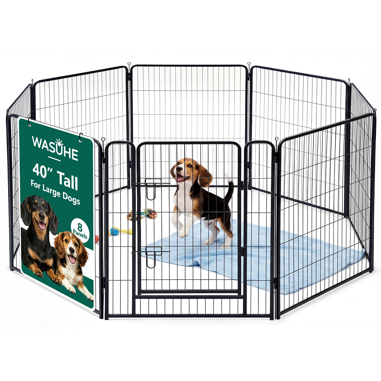 WASUHE Dog Playpen with Door, 24 Inch 8 Panel Foldable Metal Pet Fence, Indoor, Yard, RV Camping, Safe Play Area for Small and Puppy Dogs, Black