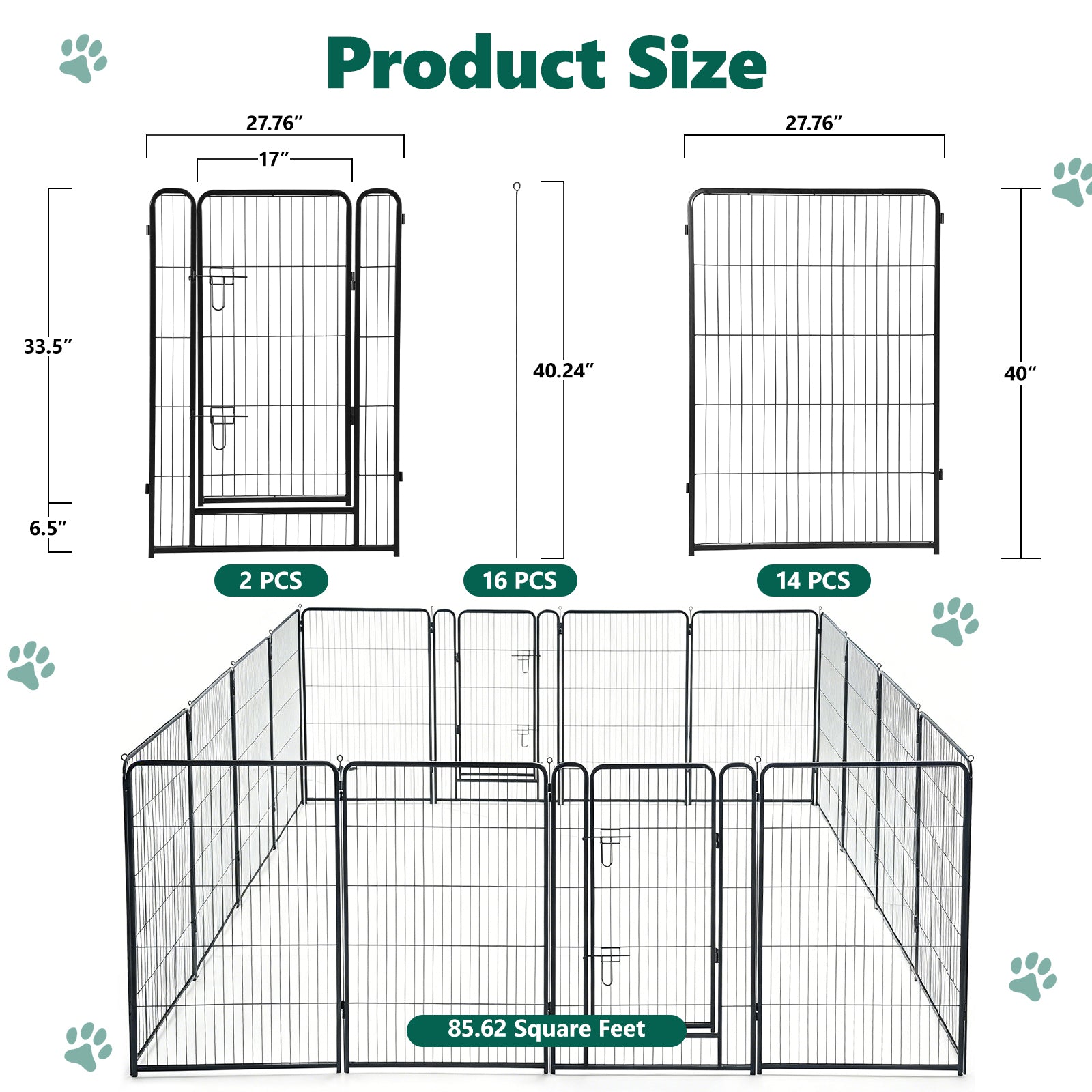16 Panels Metal Dog Playpen, 40" Height Dog Fence Exercise Pen with Doors for Large Medium Small Dogs Rabbits Cats, Foldable Pet Puppy Playpen for Indoor & Outdoor Yard