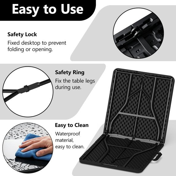 HaiNova 5ft Folding Table, Portable Heavy Duty Picnic Table with Portable Handle, Durable, Suitable for Dinner, Wedding, Camping, Black.