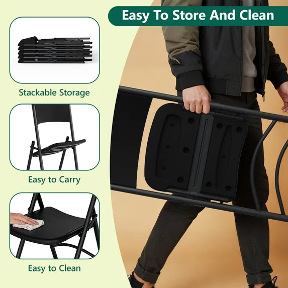 HaiNova 4 Pack Black Blow-Molded Folding Chairs, Portable Chair for Adults, 600lbs Capacity Metal Frame, Comfortable Seat for Party, Banquet