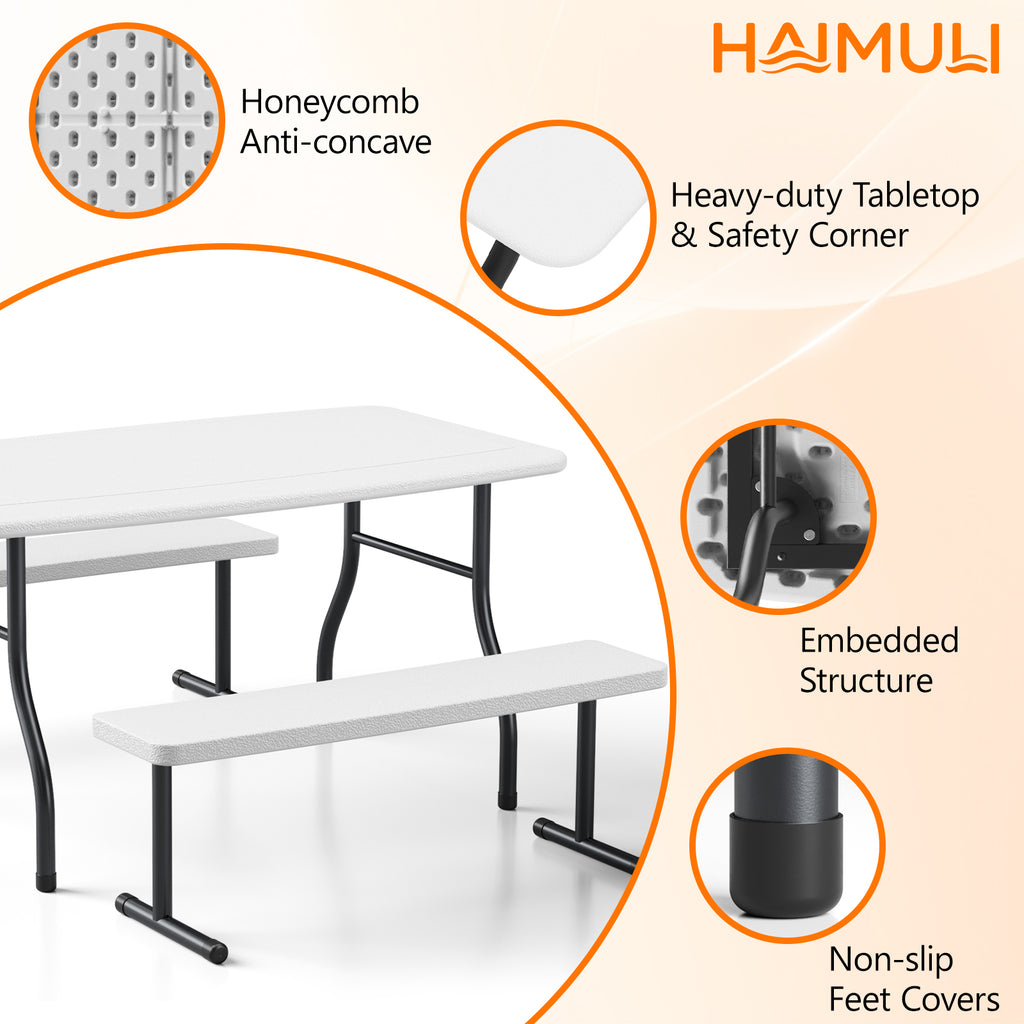 HAIMULI 38.2 Inch Picnic Table with 2 Benches, Durable All-Weather Steel Frame, Stable & Easy to Clean, Portable Camping Table and Chairs for Outdoor & Indoor Use