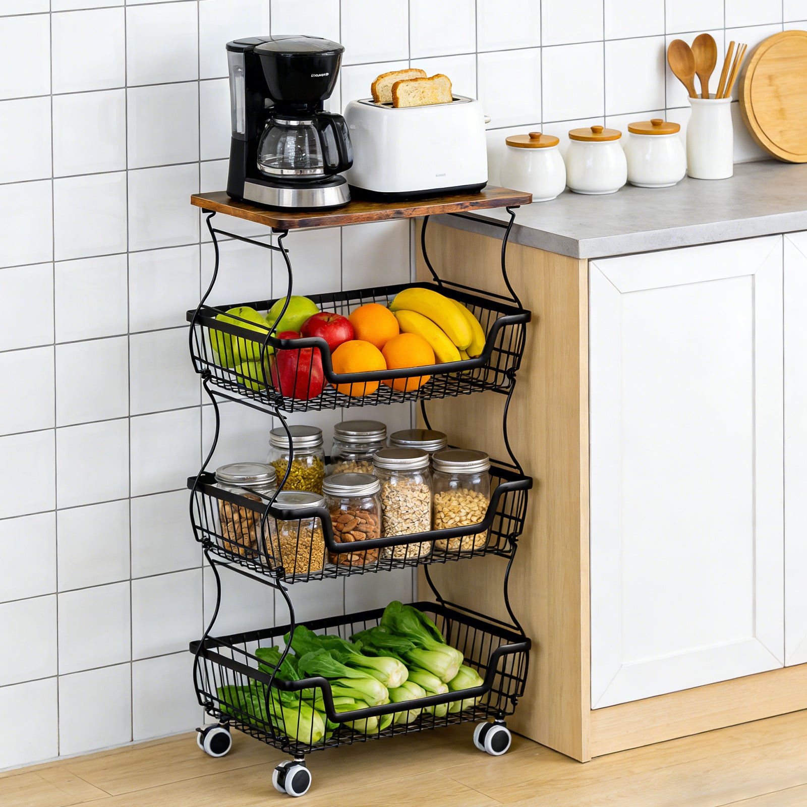 WASUHE Utility Rolling Cart, with Lockable Wheels,Fruit Vegetable Storage Basket Organizer Cart, Metal Storage Trolley for Kitchen Black
