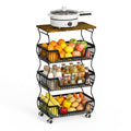 Fruit Basket Vegetable Storage Cart with Wooden Lid for Kitchen, 4-Tier Stackable Wire Fruit Organizer Stand on Wheel, Storage Stand for Vegetables, Snacks, Berverage