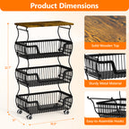 Fruit Basket Vegetable Storage Cart with Wooden Lid for Kitchen, 4-Tier Stackable Wire Fruit Organizer Stand on Wheel, Storage Stand for Vegetables, Snacks, Berverage