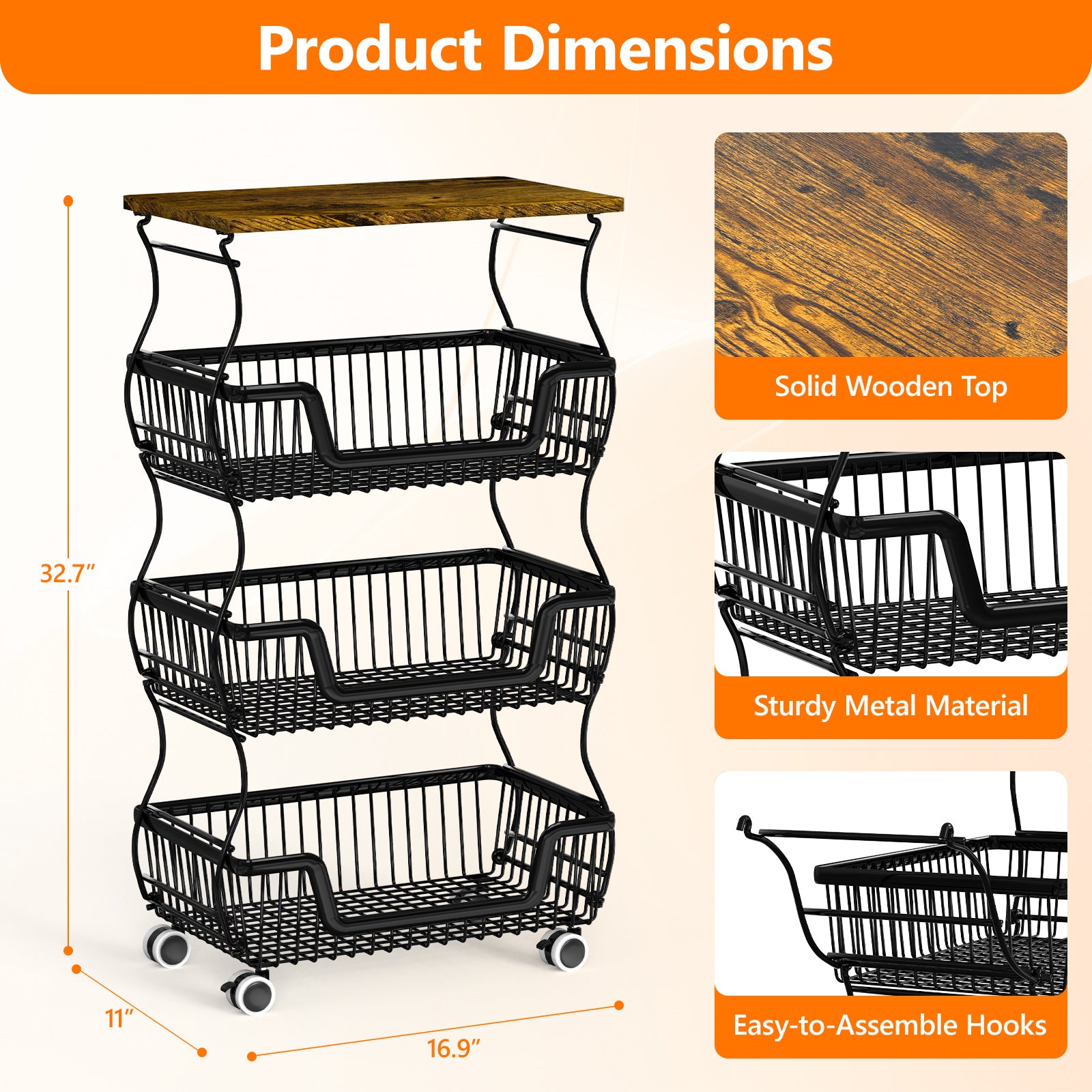 Fruit Basket Vegetable Storage Cart with Wooden Lid for Kitchen, 4-Tier Stackable Wire Fruit Organizer Stand on Wheel, Storage Stand for Vegetables, Snacks, Berverage