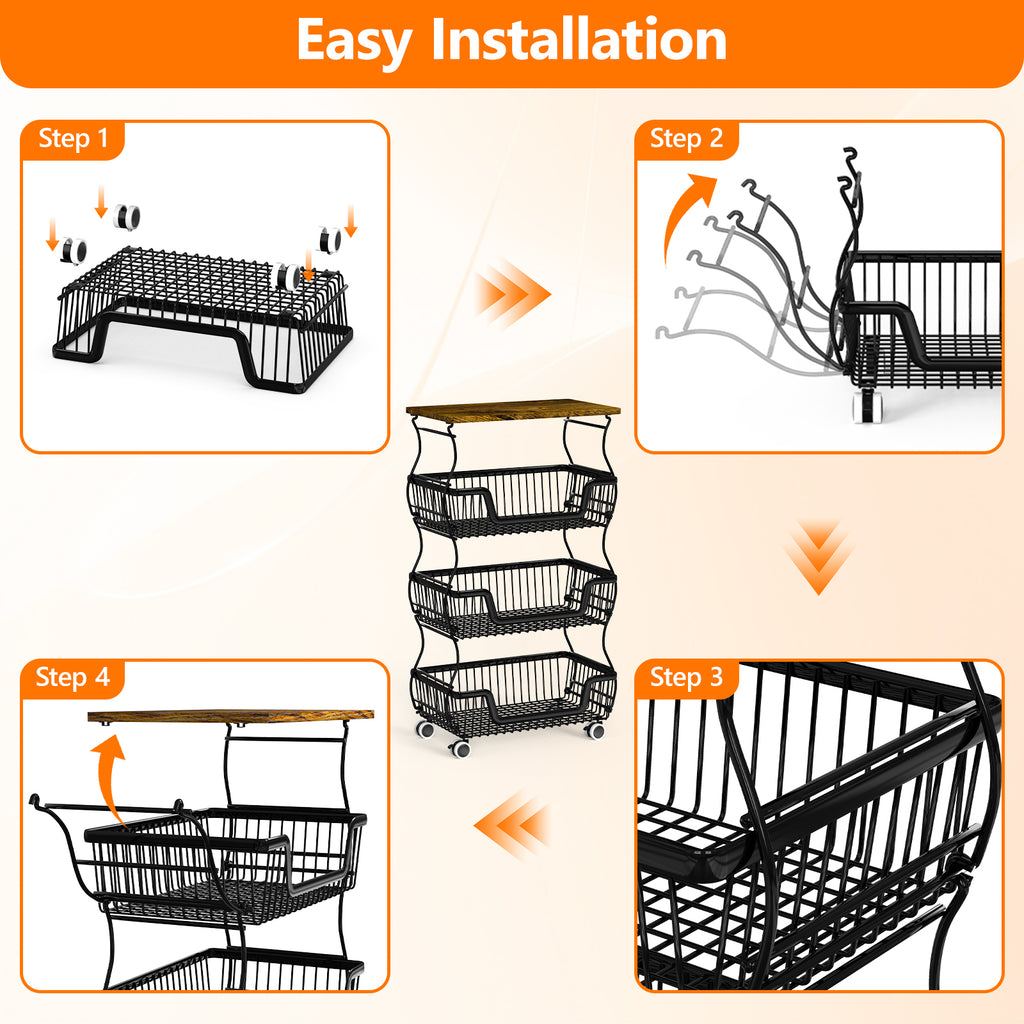 Fruit Basket Vegetable Storage Cart with Wooden Lid for Kitchen, 4-Tier Stackable Wire Fruit Organizer Stand on Wheel, Storage Stand for Vegetables, Snacks, Berverage