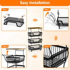 Fruit Basket Vegetable Storage Cart with Wooden Lid for Kitchen, 4-Tier Stackable Wire Fruit Organizer Stand on Wheel, Storage Stand for Vegetables, Snacks, Berverage