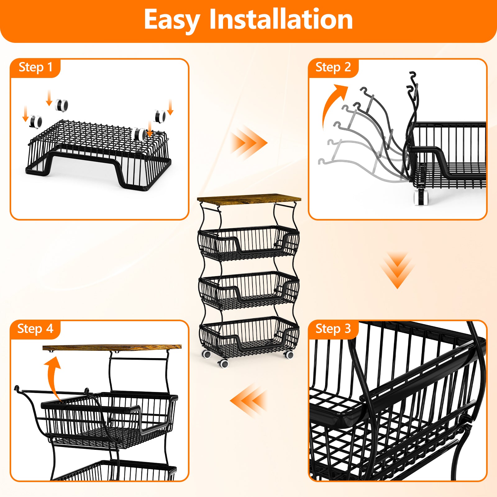 Fruit Basket Vegetable Storage Cart with Wooden Lid for Kitchen, 4-Tier Stackable Wire Fruit Organizer Stand on Wheel, Storage Stand for Vegetables, Snacks, Berverage