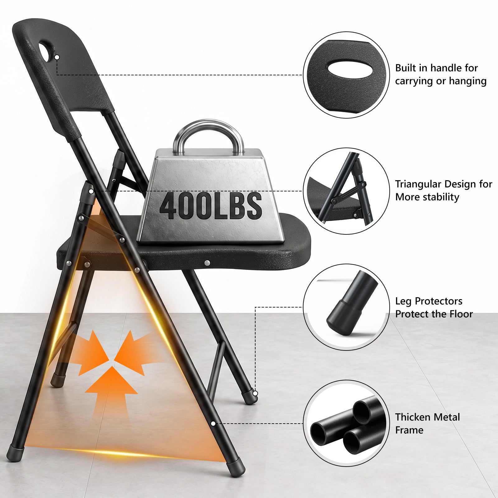 HaiNova 6PCS Black Plastic Folding Chair Set, 400-Pound Portable Waterproof and Wear-Resistant Folding Chair with Steel Frame, Suitable for Parties, Picnics, Weddings and Business.