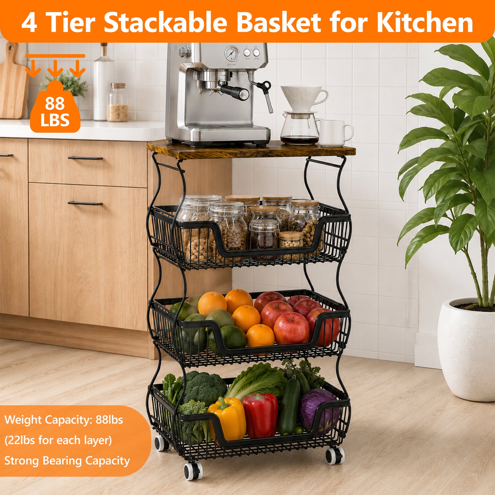 Fruit Basket Vegetable Storage Cart with Wooden Lid for Kitchen, 4-Tier Stackable Wire Fruit Organizer Stand on Wheel, Storage Stand for Vegetables, Snacks, Berverage