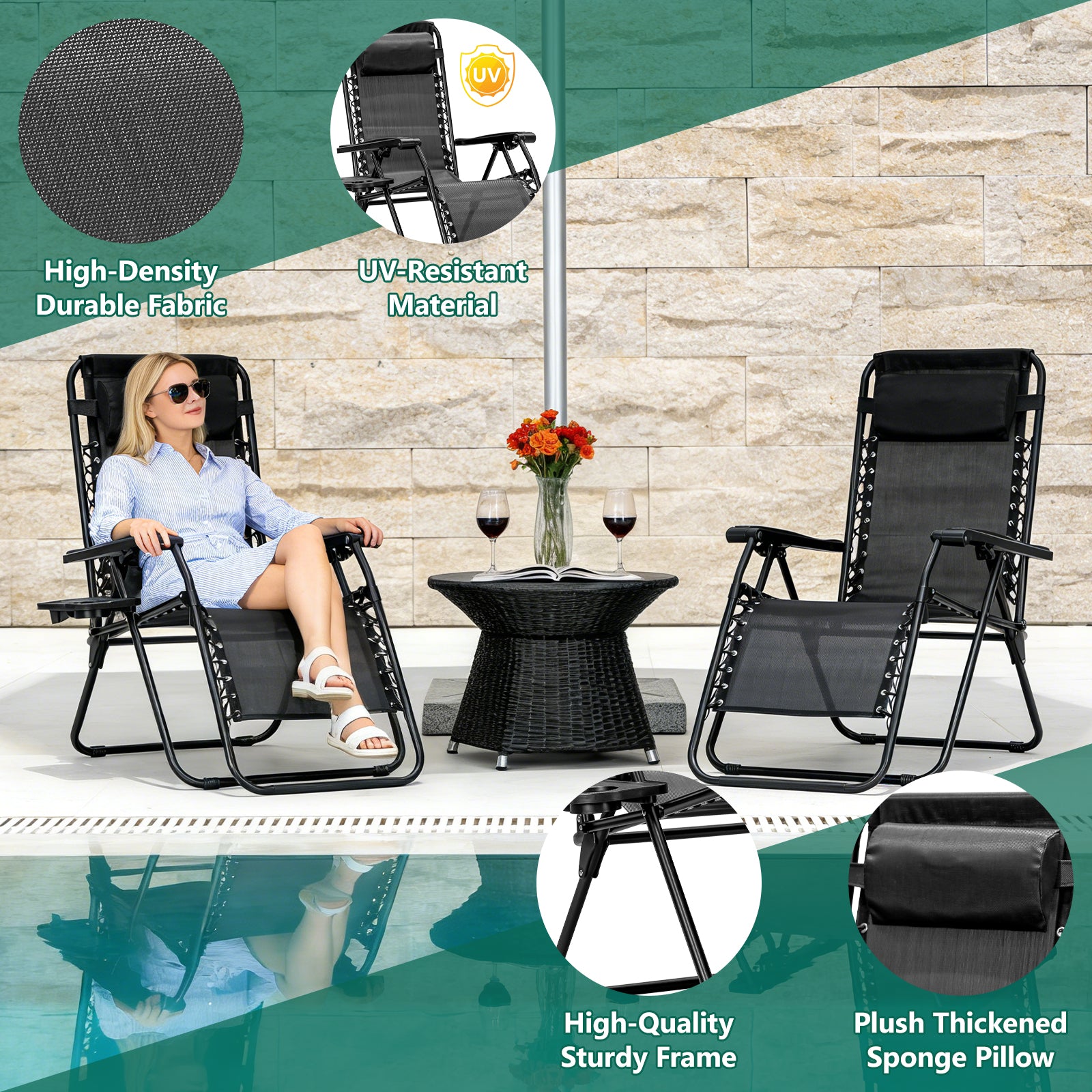 Zero Gravity Chair Set of 2 with Cup Holder & Removable Pillows, Adjustable Reclining Outdoor Patio Folding Chairs, Portable Lounge Chair for Poolside, Lawn, Beach, Camping