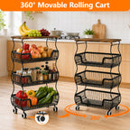 Fruit Basket Vegetable Storage Cart with Wooden Lid for Kitchen, 4-Tier Stackable Wire Fruit Organizer Stand on Wheel, Storage Stand for Vegetables, Snacks, Berverage
