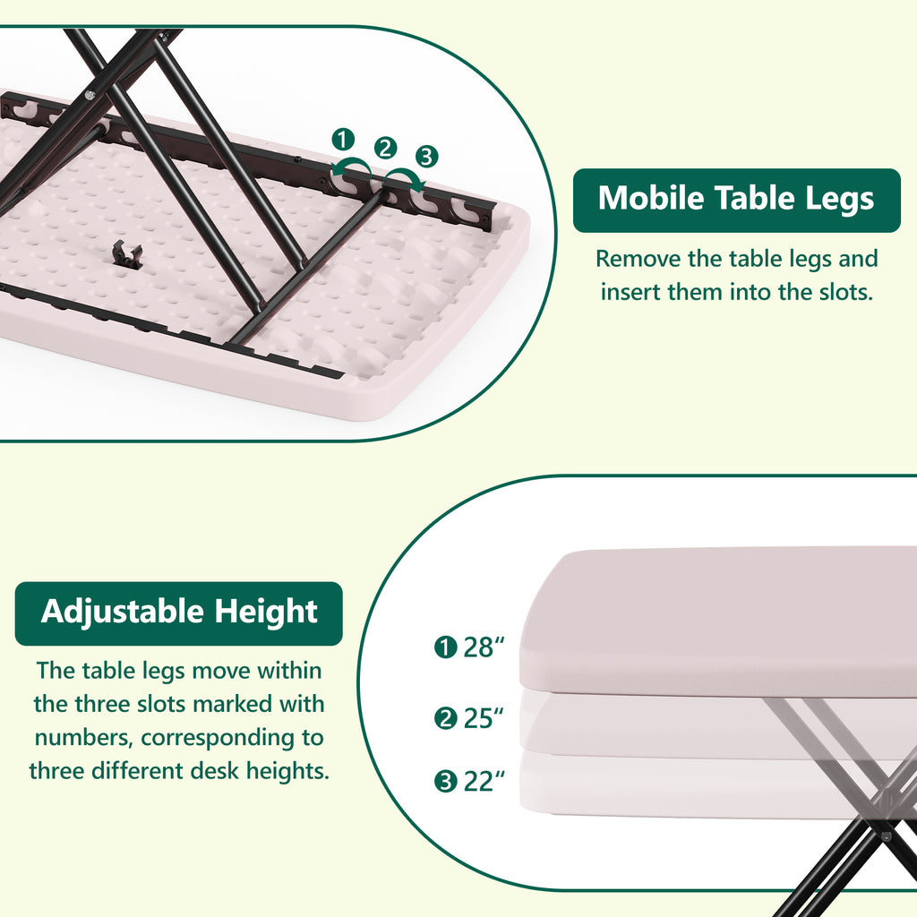 HAIMULI 30 Inch Folding Table TV Tray, Portable Adjustable Height, X-shaped Frame Portable Work Table, Utility Foldable Desk for Small Spaces, Laptop & Couch, Camping, Pink