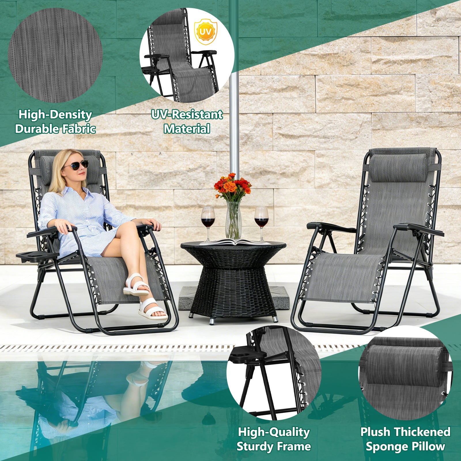 Zero Gravity Chair Set of 2 with Cup Holder & Removable Pillows, Adjustable Reclining Outdoor Patio Folding Chairs, Portable Lounge Chair for Poolside, Lawn, Beach, Camping