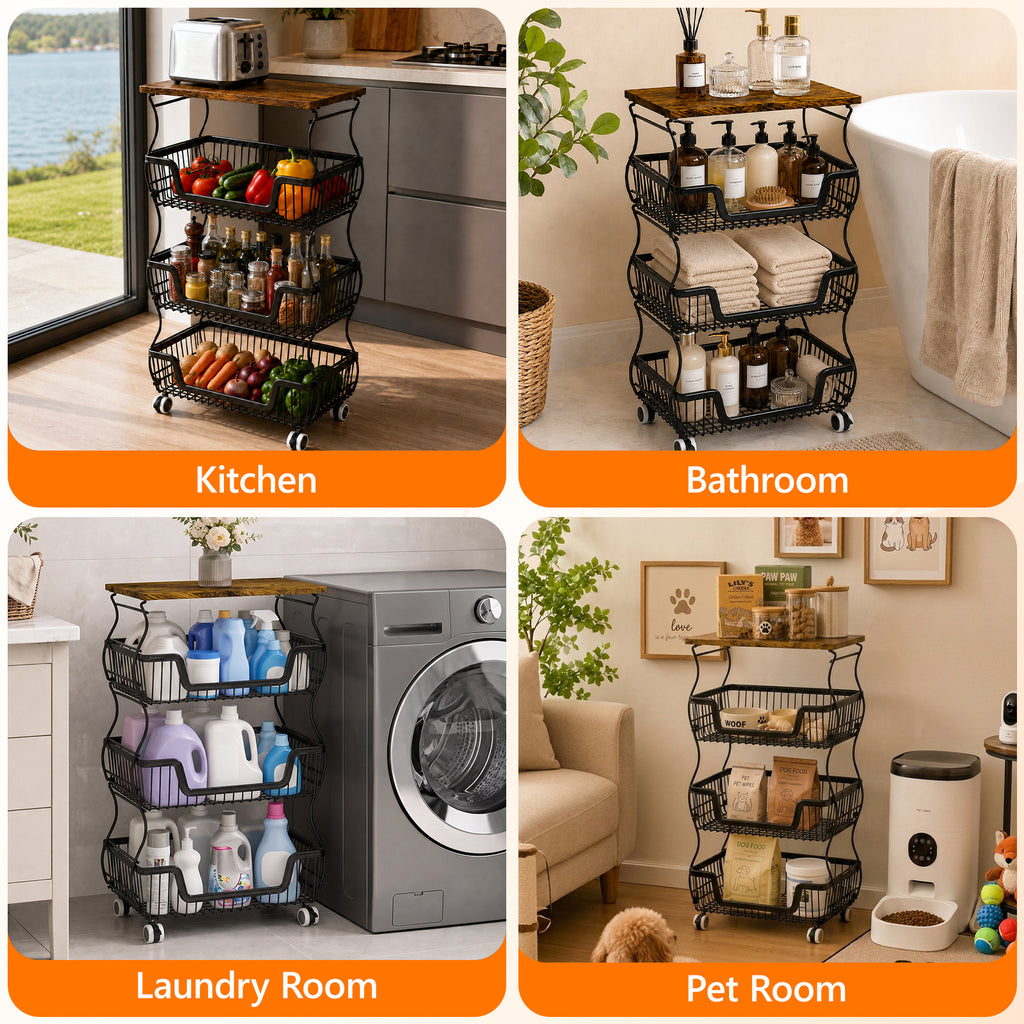 Fruit Basket Vegetable Storage Cart with Wooden Lid for Kitchen, 4-Tier Stackable Wire Fruit Organizer Stand on Wheel, Storage Stand for Vegetables, Snacks, Berverage
