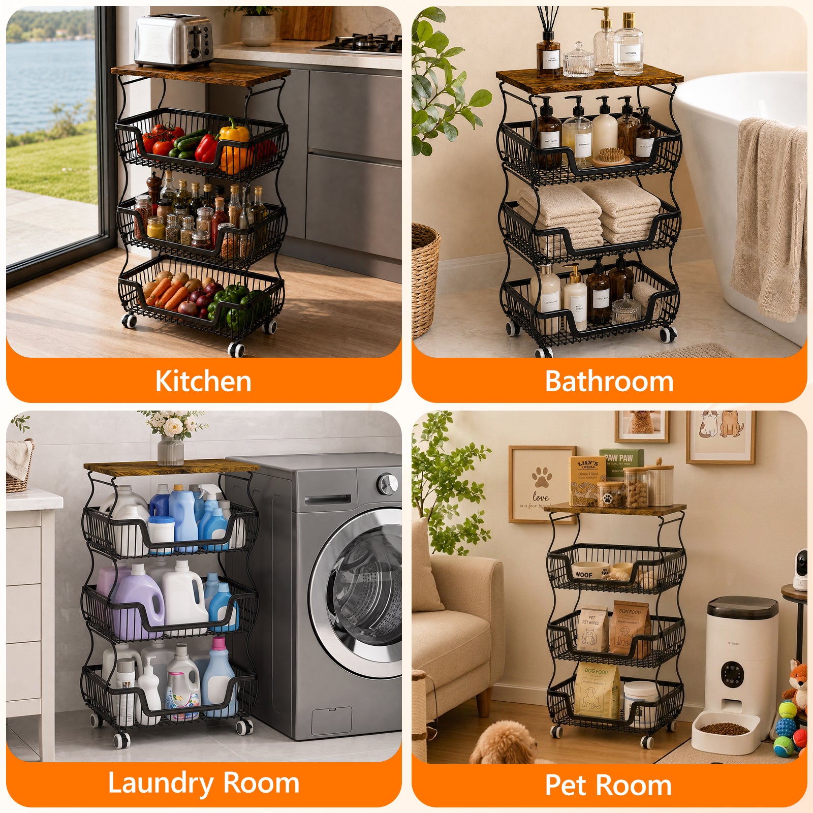Fruit Basket Vegetable Storage Cart with Wooden Lid for Kitchen, 4-Tier Stackable Wire Fruit Organizer Stand on Wheel, Storage Stand for Vegetables, Snacks, Berverage