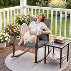 WASUHE 3 PCS Wicker Rocking Chair with Thick Cushions, Ergonomic Back Armrest Rocker Chairs for Porch Backyard Lawn Garden, Beige