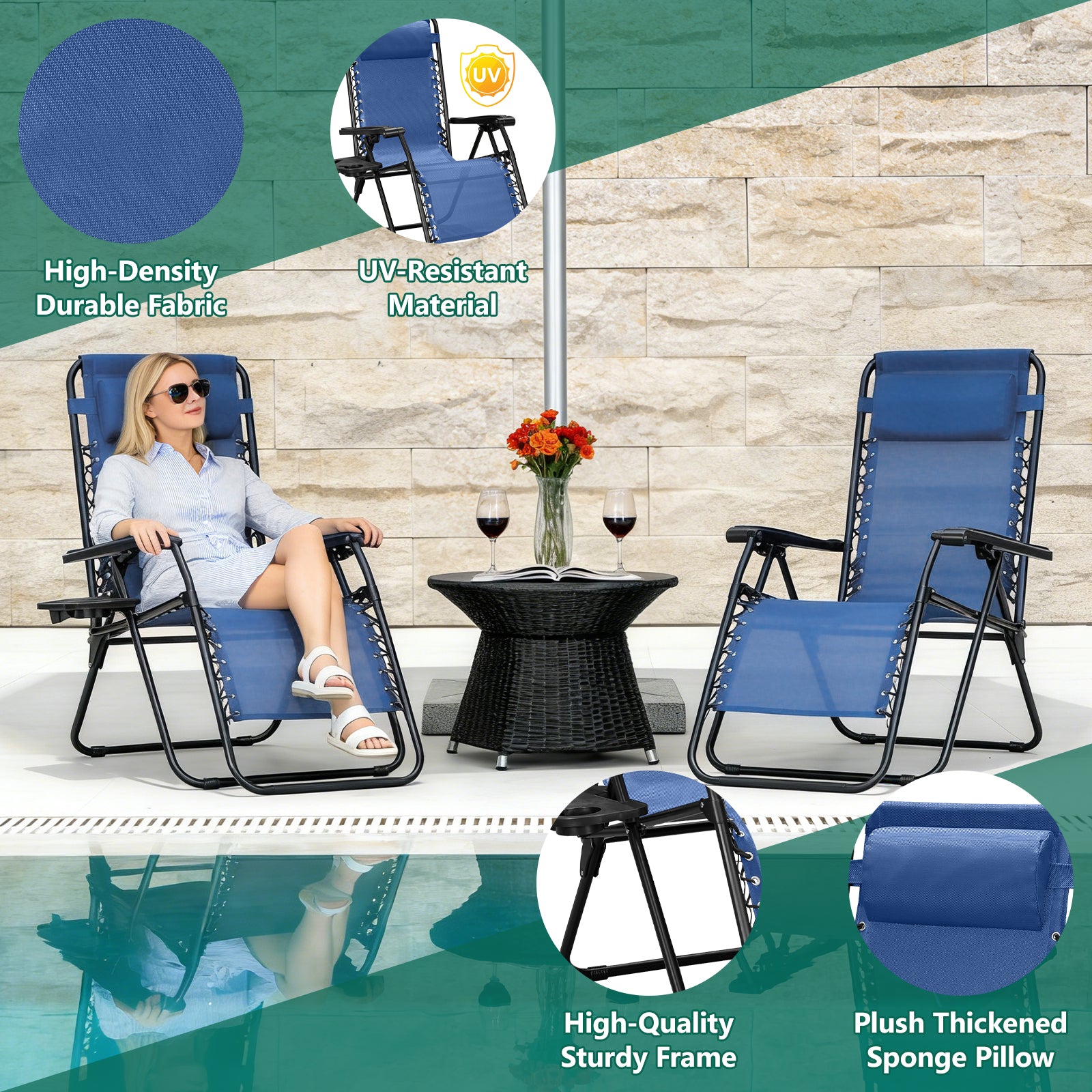 Zero Gravity Chair Set of 2 with Cup Holder & Removable Pillows, Adjustable Reclining Outdoor Patio Folding Chairs, Portable Lounge Chair for Poolside, Lawn, Beach, Camping