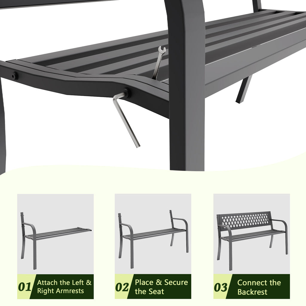 HAIMULI Anti-Rust Metal Bench Garden Bench with Back, All Weather Resistant Porch Benches for Outdoor Cast Iron Steel Frame Chair Waterproof, Black, 500 lbs