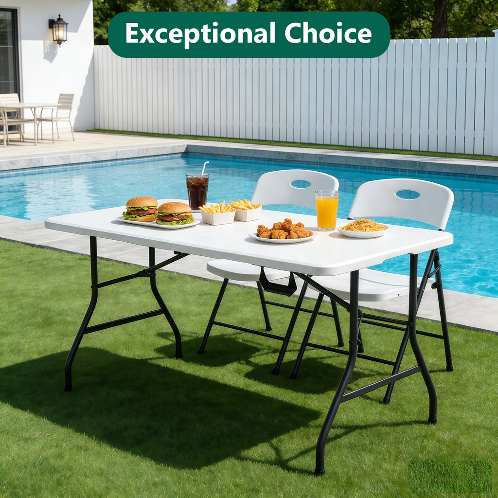 WASUHE 5 Foot Rectangle Folding Table, Fold-in-Half Portable Plastic Picnic Foldable Table with Carry Handle, Indoor Outdoor Use for Camping, Parties, BBQs, Events