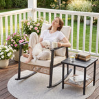 WASUHE 3 PCS Wicker Rocking Chair with Thick Cushions, Ergonomic Back Armrest Rocker Chairs for Porch Backyard Lawn Garden, Beige