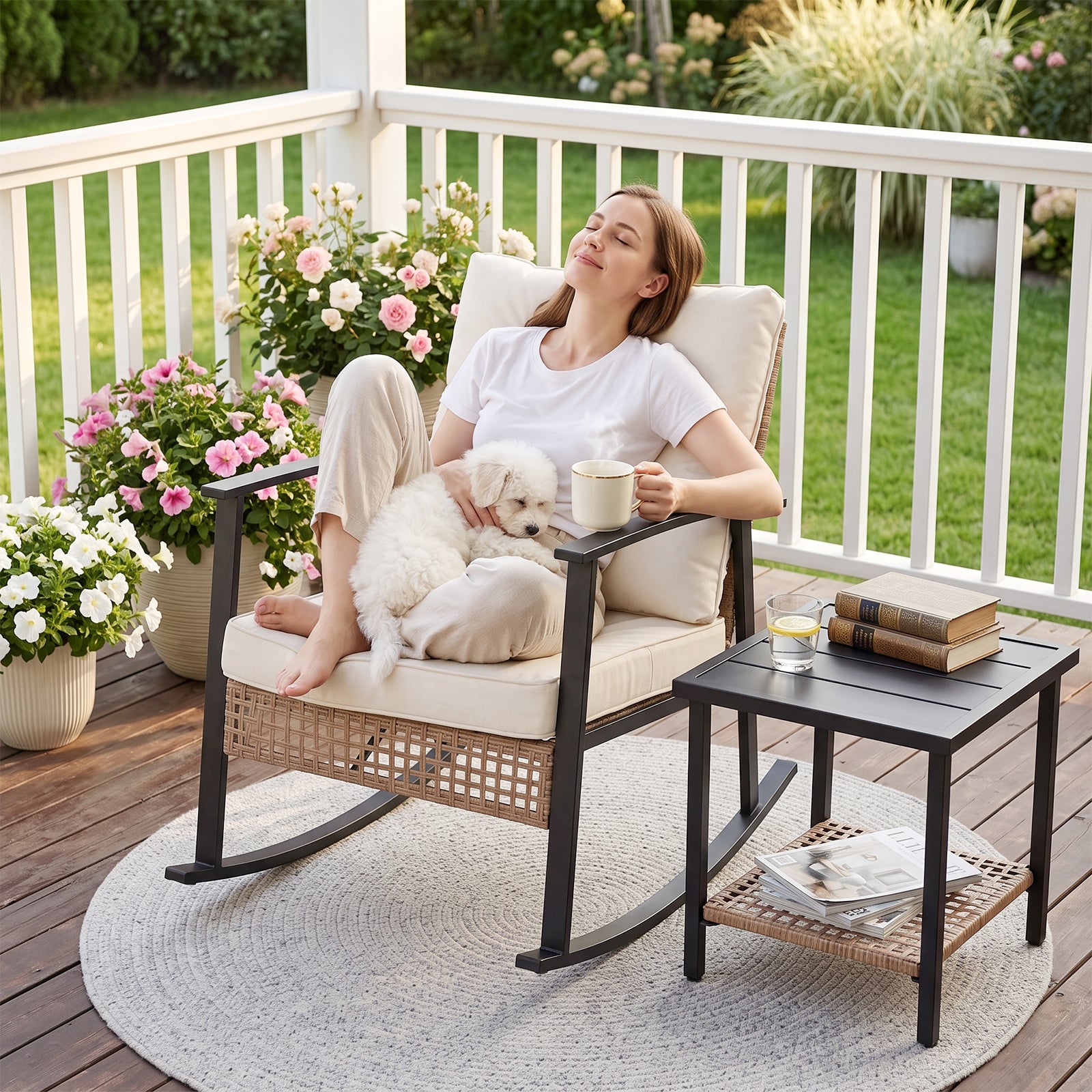 WASUHE 3 PCS Wicker Rocking Chair with Thick Cushions, Ergonomic Back Armrest Rocker Chairs for Porch Backyard Lawn Garden, Beige