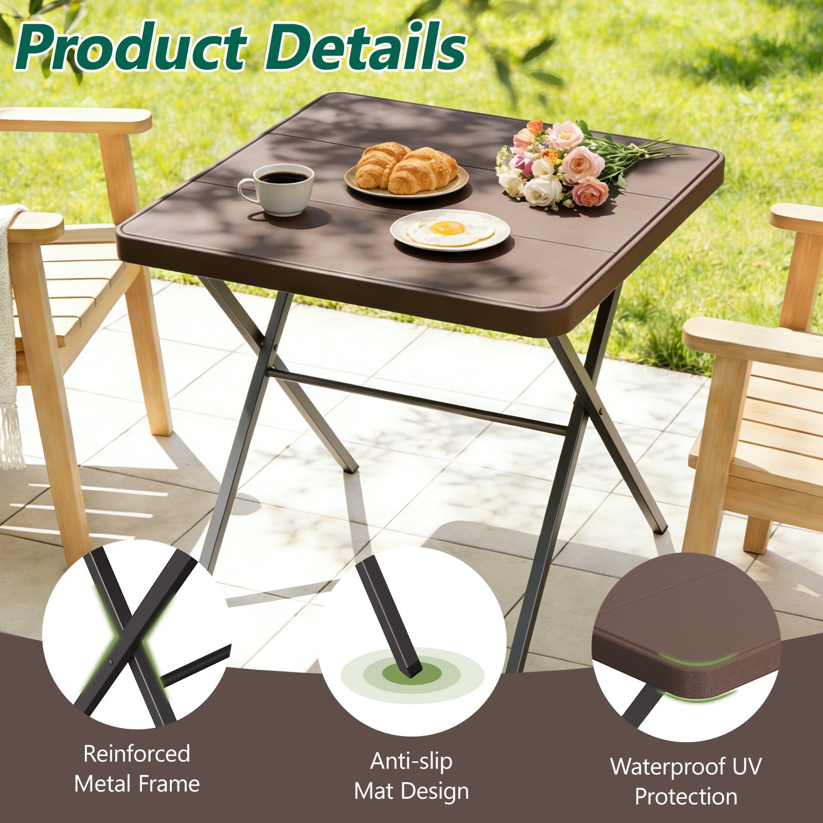 WASUHE Folding Table, Square Card Table with Rustproof Steel Frame, Foldable Coffee Table for Patio, Outdoor, Indoor, Small Space, No Assembly