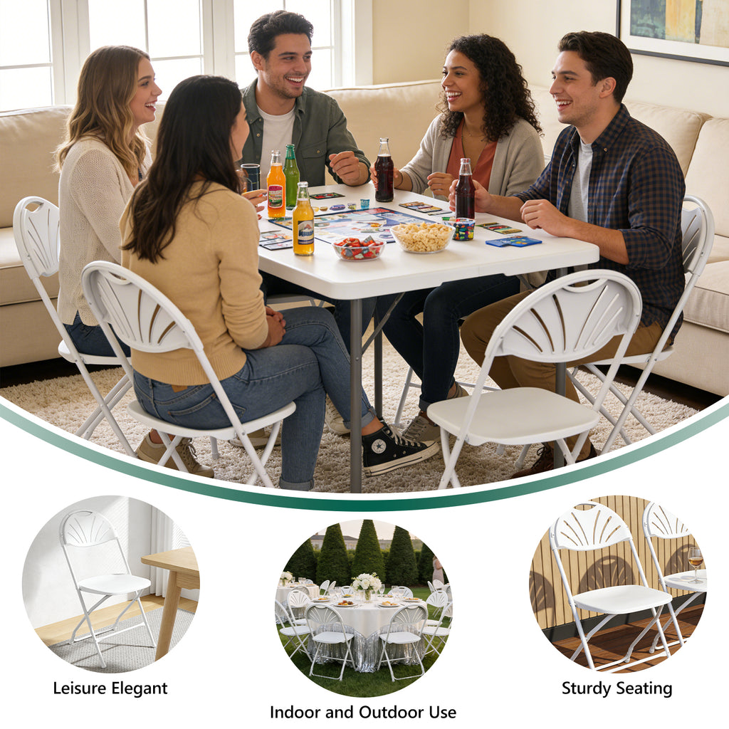 WASUHE Fan Back Folding Chairs, Stackable Plastic Folding Chairs with Reinforced Frame, Portable for Indoor Outdoor Party Wedding, Upgraded, White