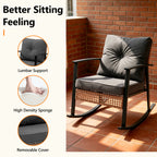 HAIMULI 3 Pieces Outdoor Wicker Rocking Chair Set, Patio Rattan Rocker Chair with Cushions & Steel Frame, All-Weather Rocking Lawn Wicker Furniture for Garden Backyard Porch (Gray)