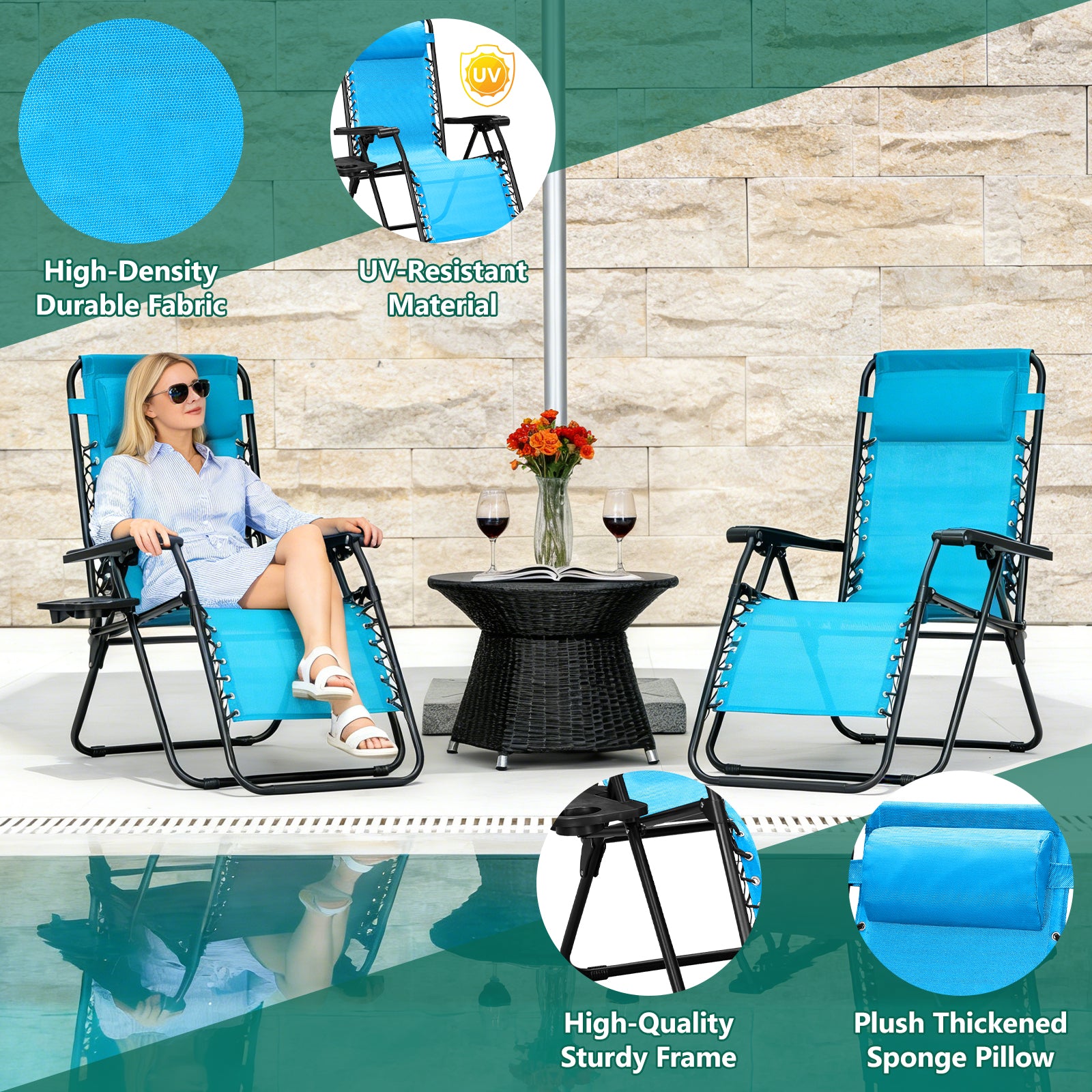 Zero Gravity Chair Set of 2 with Cup Holder & Removable Pillows, Adjustable Reclining Outdoor Patio Folding Chairs, Portable Lounge Chair for Poolside, Lawn, Beach, Camping