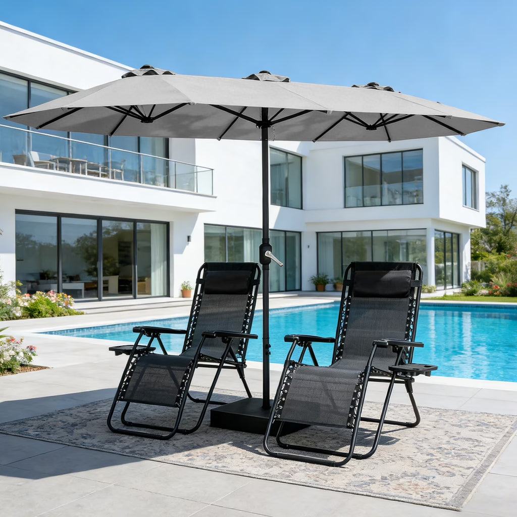 HaiNova 15Ft Large Outdoor Double-Sided Rectangle Umbrella with Base-Mounted, Foldable And Portable Sunshade For Pool, Beaches And Patio, Khaki