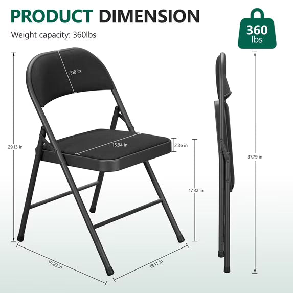 HaiCube 4-Pack Fabric Folding Chairs, Padded Seat & Back, Heavy Duty Metal Frame, Portable Foldable Chairs for Home, Party & Events, Black