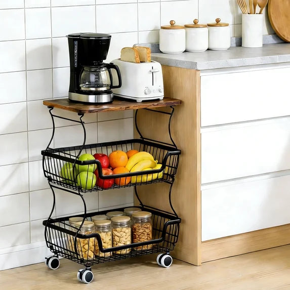 HaiNova 3-Tier Rolling Pantry Cart with Wheels and Top Shelf, Stackable Wire Snack Cart for Pantry Shelves, Kitchen Fruit, Vegetables Stand