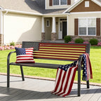 HaiNova Metal Outdoor Bench, 47in Patio Garden Benches with National Flag Pattern Backrest for Backyard, Lawn, Deck, Porch, Park, Red