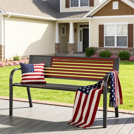 HaiNova Metal Outdoor Bench, 47in Patio Garden Benches with National Flag Pattern Backrest for Backyard, Lawn, Deck, Porch, Park, Red