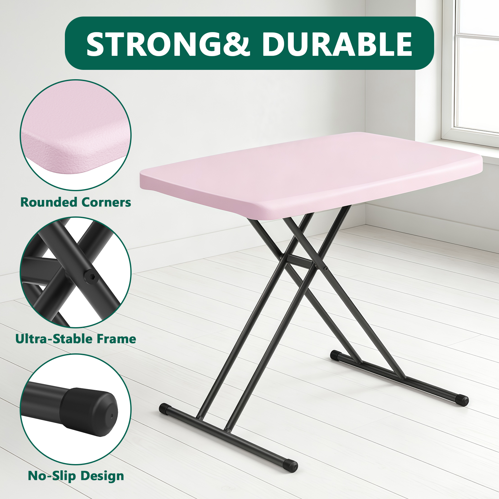 30 Inch Folding Table TV Tray, Portable Adjustable Height, X-shaped Frame Portable Work Table, Utility Foldable Desk for Small Spaces, Laptop & Couch, Camping, Pink