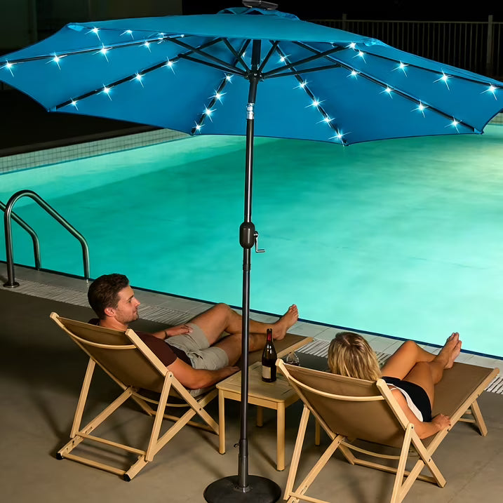HaiNova 9ft Solar Patio Umbrella, Tilt Adjustment LED Outdoor Umbrella with 8 Reinforced Ribs for Garden, Backyard, Pool, Deep Blue