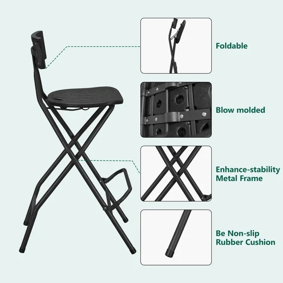 WLLJOY Black Folding Bar Stool with Backrest, Blow-molded/Metal Frame, Durable and Sturdy Folding Chair for Indoor/Outdoor Kitchen Shop Cafe