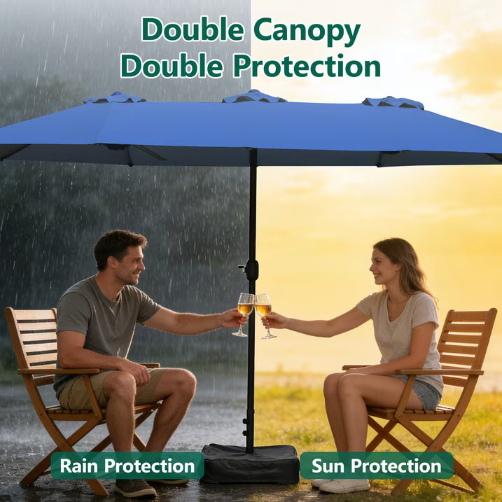 HaiNova 15Ft Large Outdoor Double-Sided Rectangle Umbrella with Base-Mounted, Foldable And Portable Sunshade For Pool, Beaches And Patio, Khaki